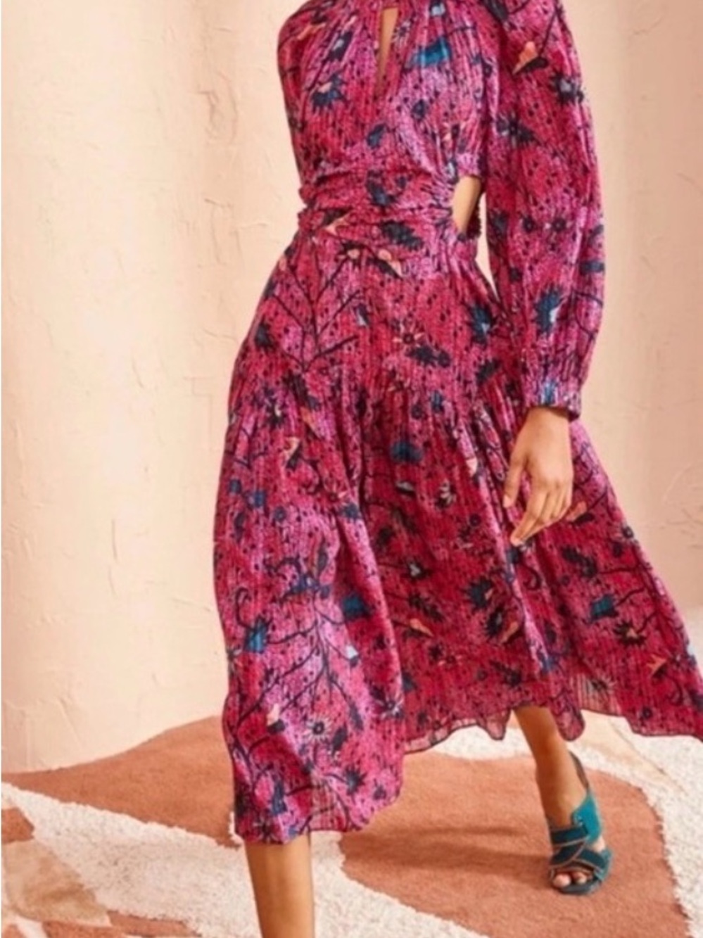 Ulla Johnson Magenta Floral Pleated Midi Dress